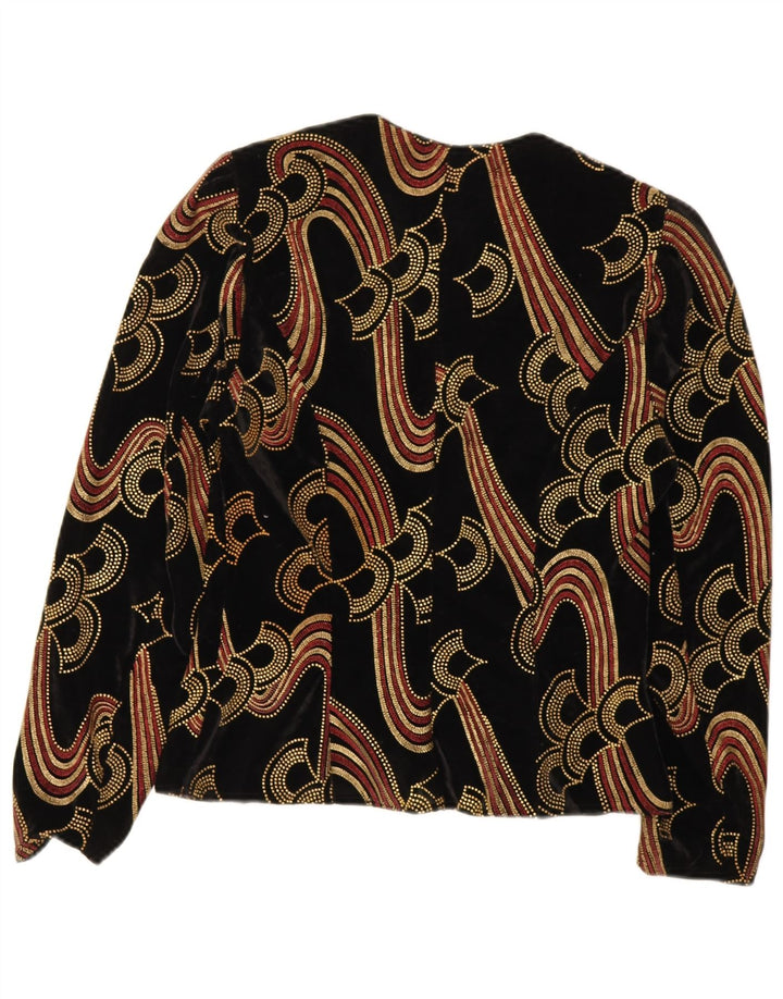 vintage Womens Velvet Abstract Pattern Cardigan Top UK 12 Moyen Noir