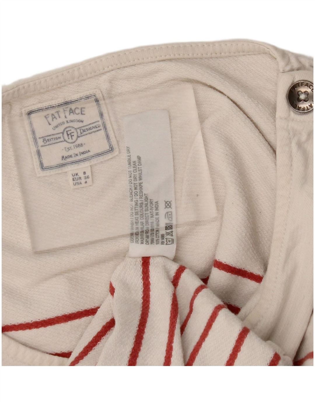 FAT FACE Haut Femme Manches Longues UK 8 Petit Coton Rayé Blanc Cassé