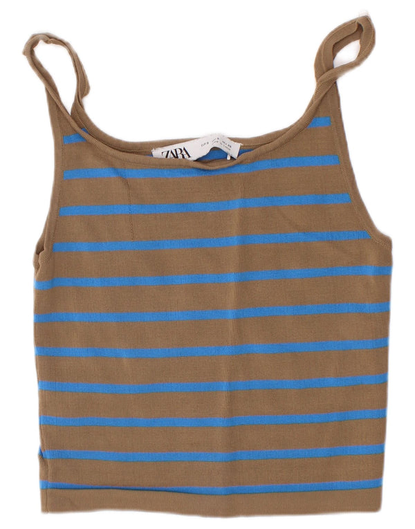 Zara Femme Crop Cami Top UK 8 Petite Viscose Rayée Marron
