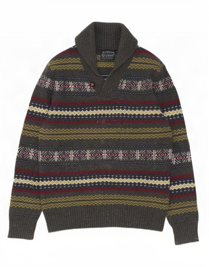 Howick Pull à col châle pour homme Gris moyen Fair Isle en laine d'agneau