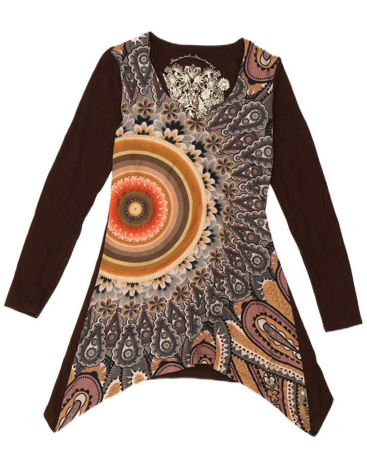 DESIGUAL Femmes Graphique Asymétrique Tunique UK 10 Petit Marron Floral