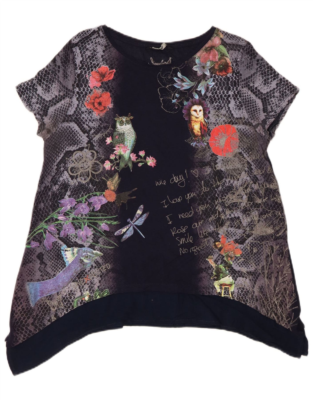 Desigual Tunique graphique pour femme UK 44 Bleu marine moyen floral