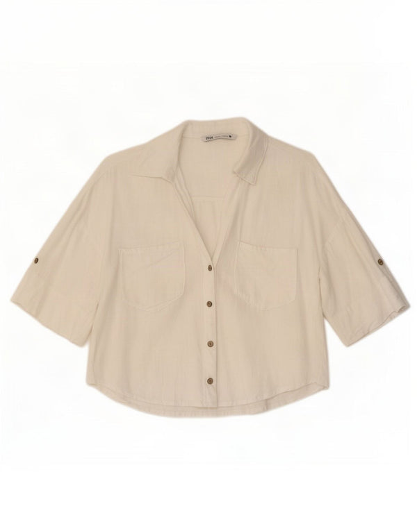Zara Chemise surdimensionnée à manches courtes pour femme UK 6 XS Lin blanc
