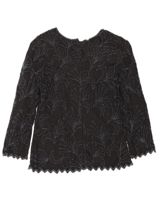 vintage Femmes Manches Longues Blouse Régulière Top UK 8 Petite Soie Florale Noire