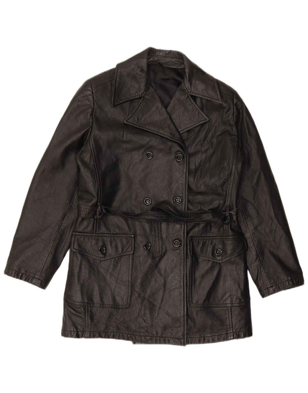 VINTAGE Manteau en cuir à double boutonnage pour femme IT 44 Cuir noir moyen