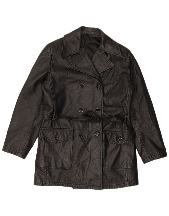 VINTAGE Manteau en cuir à double boutonnage pour femme IT 44 Cuir noir moyen