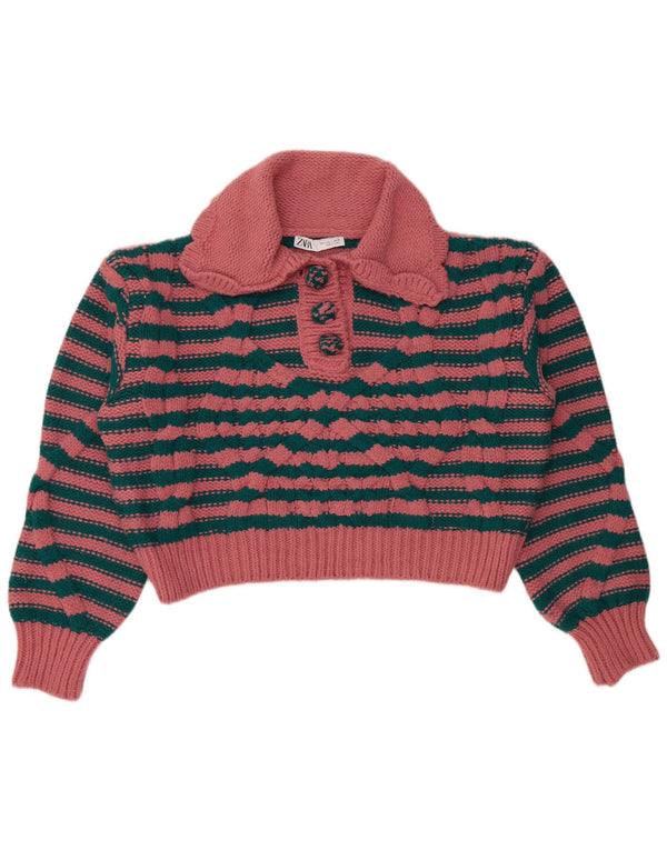 Zara Womens Crop Polo Neck Jumper Sweater UK 16 Grand Rose Rayé