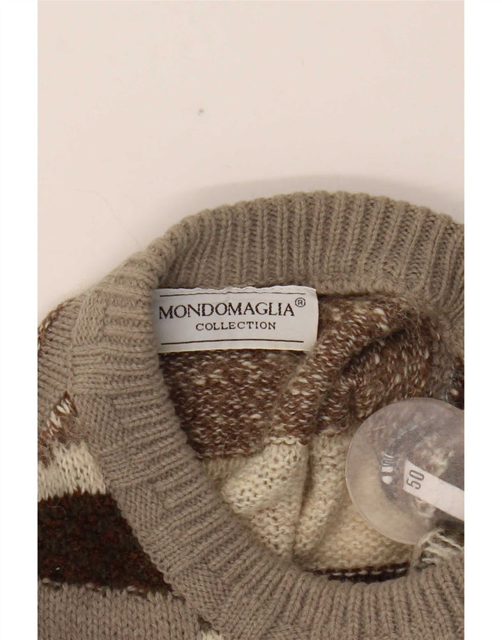 vintage Mens Crew Neck Jumper Pull IT 50 Moyen Brun Géométrique