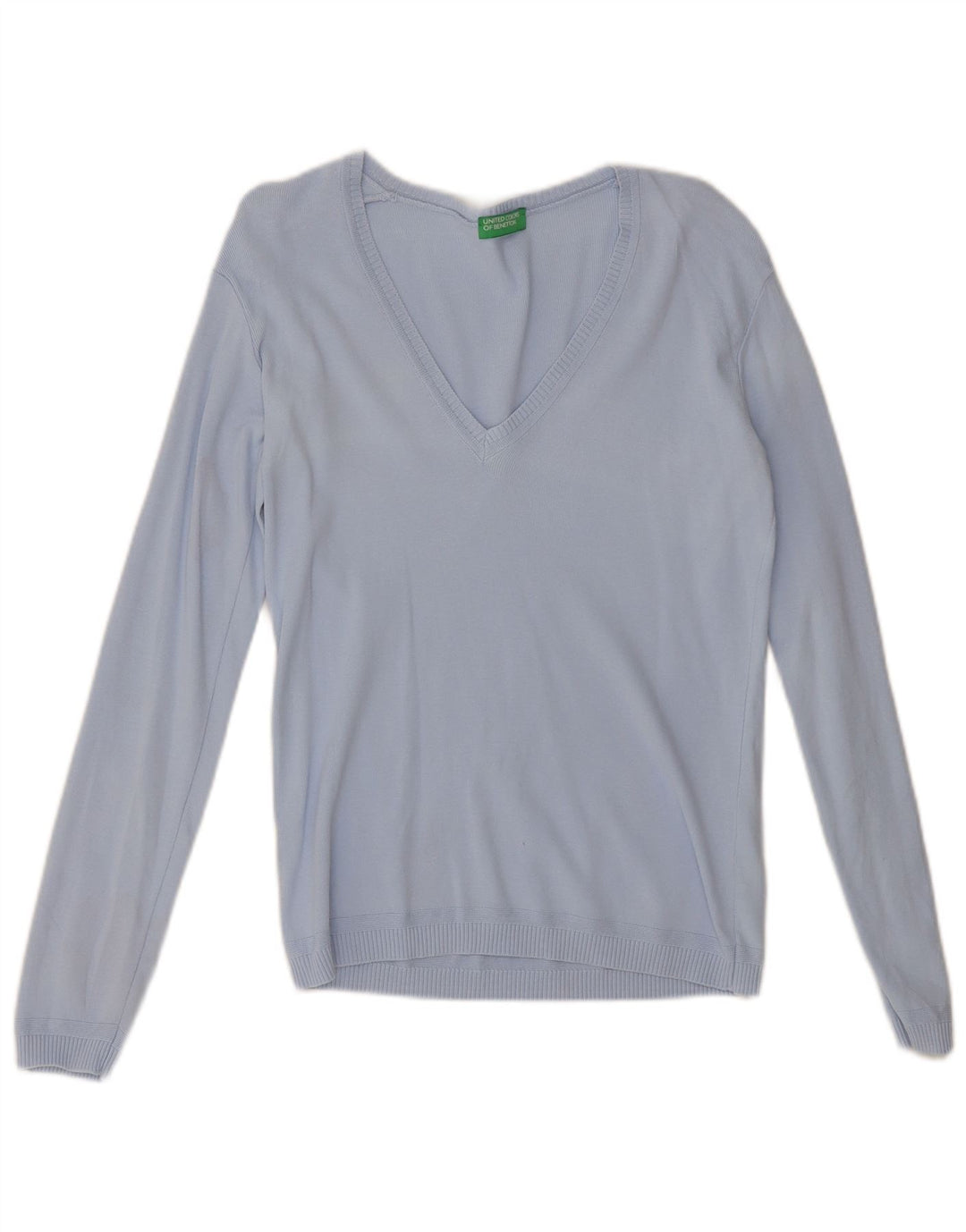 Benetton Pull col V pour femme UK 12 Bleu moyen Coton