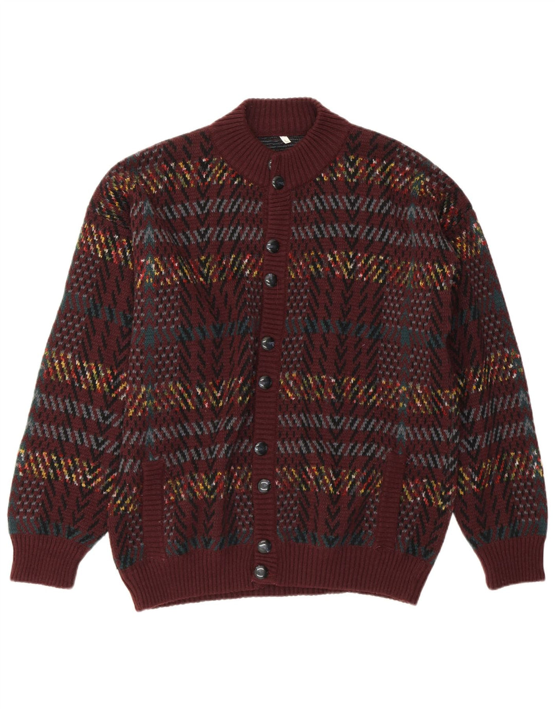 VINTAGE Homme Cardigan Pull Grand Marron Géométrique Acrylique