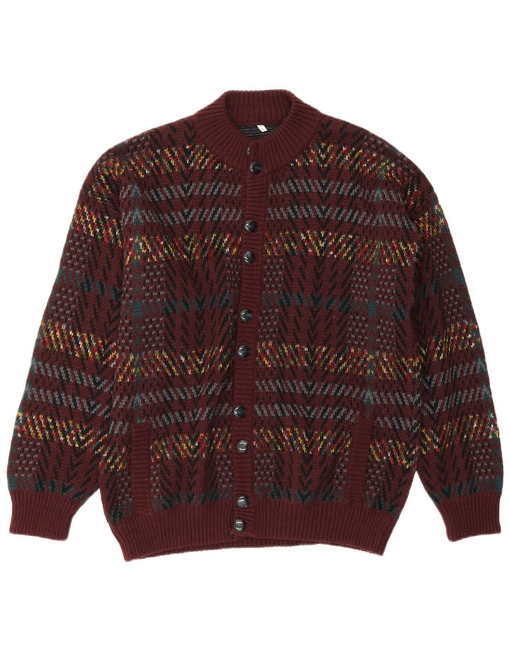 VINTAGE Homme Cardigan Pull Grand Marron Géométrique Acrylique