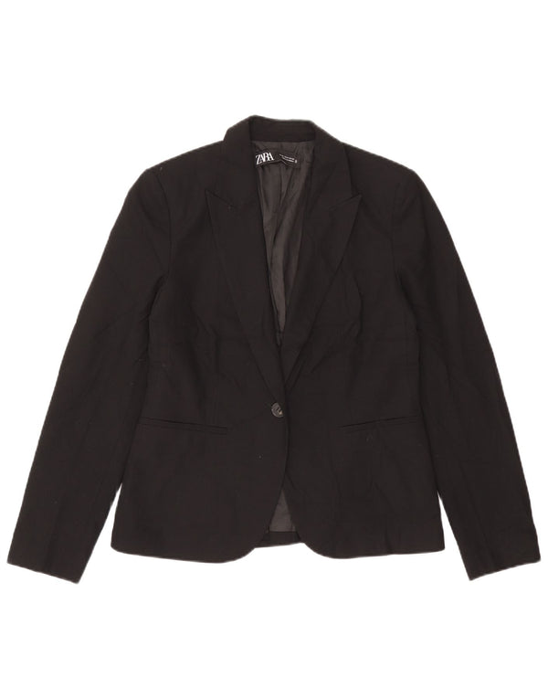 Zara Femme 1 Bouton Blazer Veste EU 38 Petit Noir Polyester