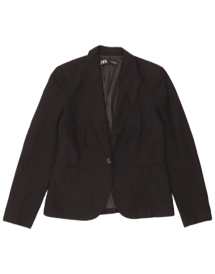 Zara Femme 1 Bouton Blazer Veste EU 38 Petit Noir Polyester