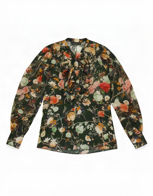 Zara Chemisier transparent à manches longues pour femme UK 12 Vert moyen floral