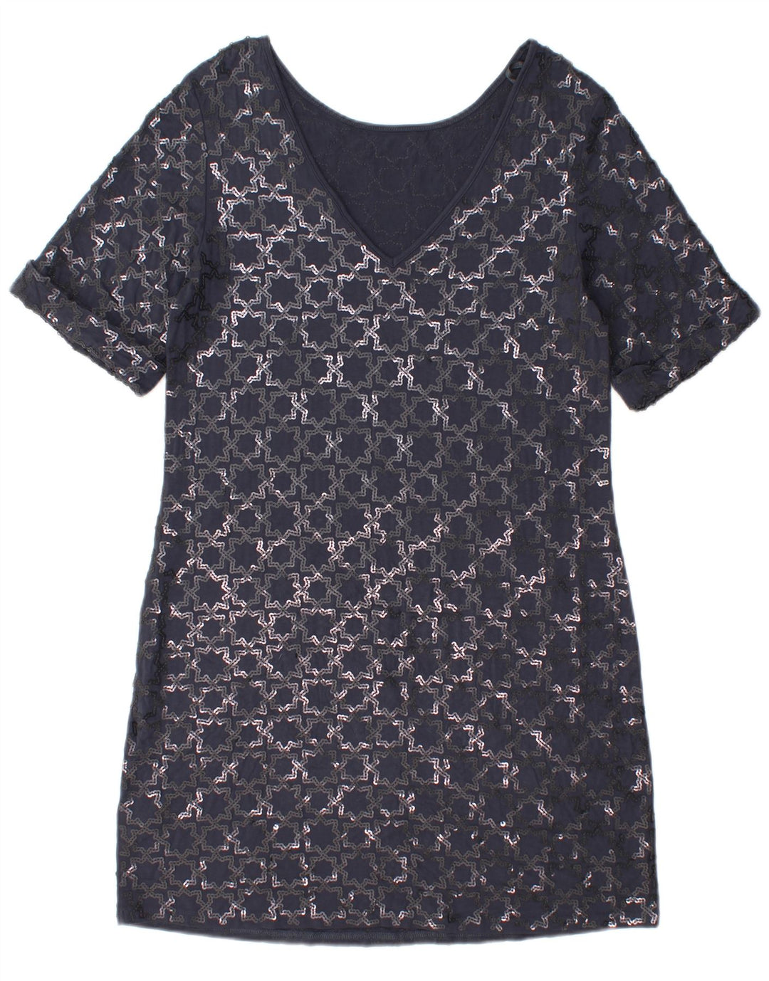 Monsoon Robe droite à manches courtes pour femme UK 12 Bleu marine moyen géométrique
