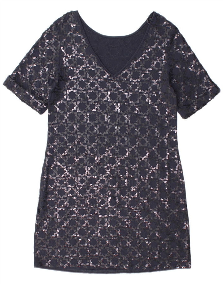 Monsoon Robe droite à manches courtes pour femme UK 12 Bleu marine moyen géométrique
