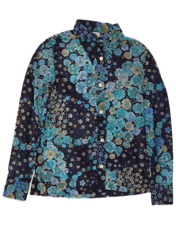 VINTAGE Womens Shirt Blouse UK 10 Small Navy Blue Floral Polyamide