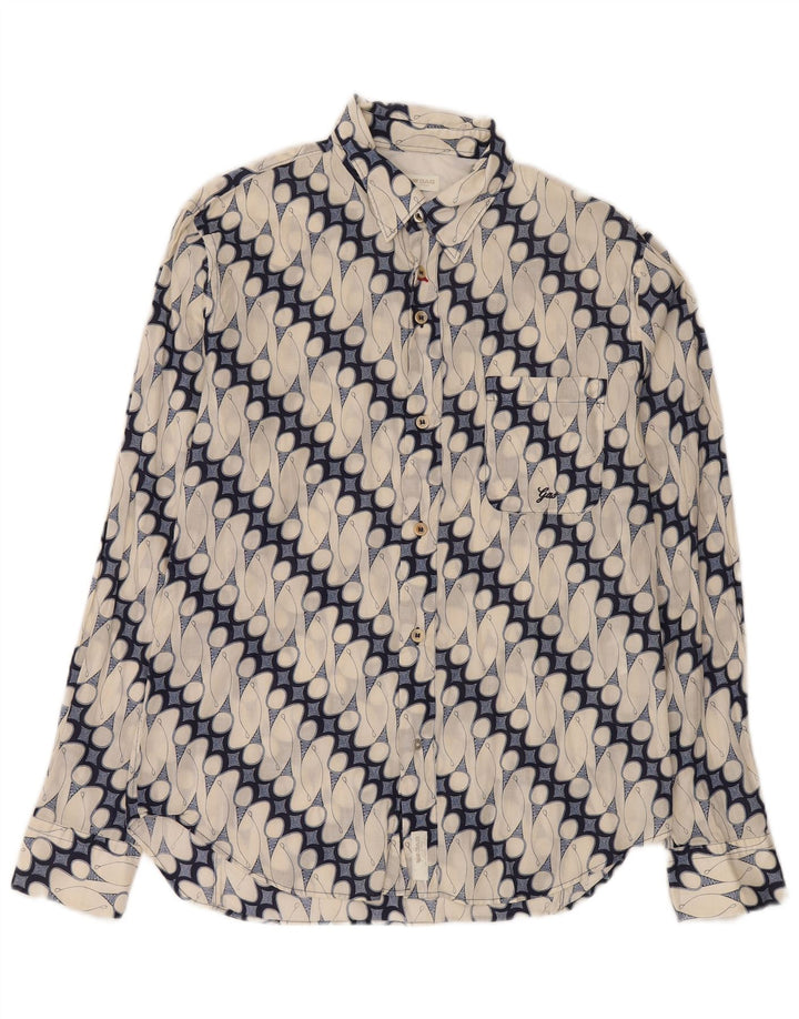 Gas Mens Abstract Pattern Shirt Taille 41 16 Grand Coton Bleu