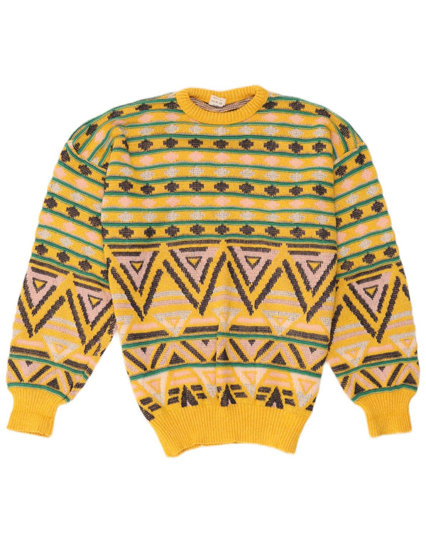 vintage Mens Crew Neck Jumper Pull Moyen Jaune Géométrique Coton
