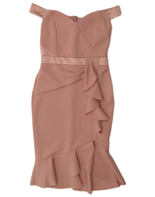 Lipsy Robe à volants sur le devant et épaules dénudées pour femme UK 42 Rose moyen Polyester