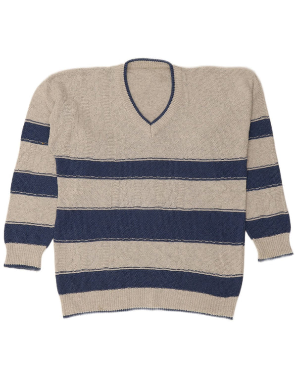 VINTAGE Pull col V homme grand gris rayé