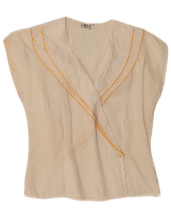 vintage Femme Chemise sans manches Blouse UK 10 Petit Lin Blanc Cassé