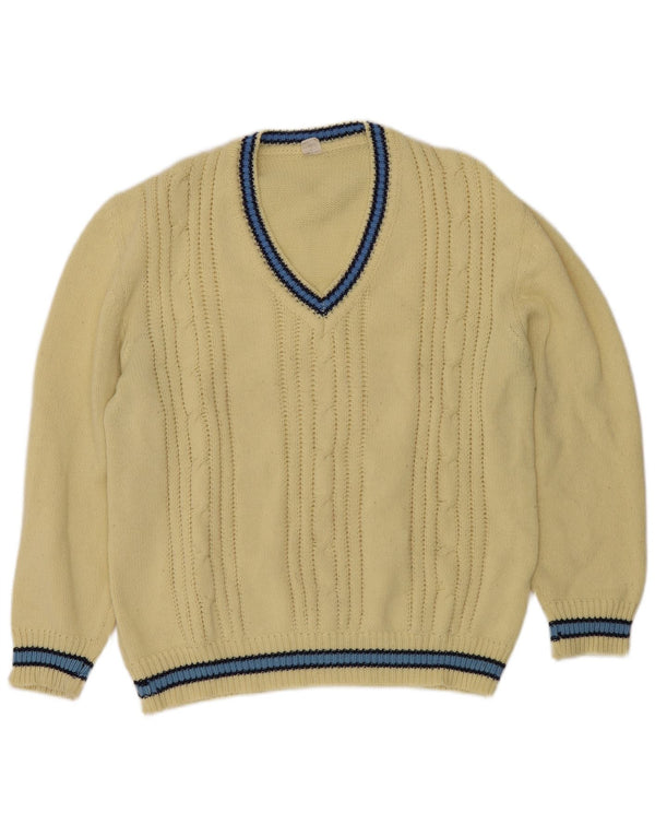 vintage Mens V-Col Jumper Pull Grand Jaune Rayé Acrylique