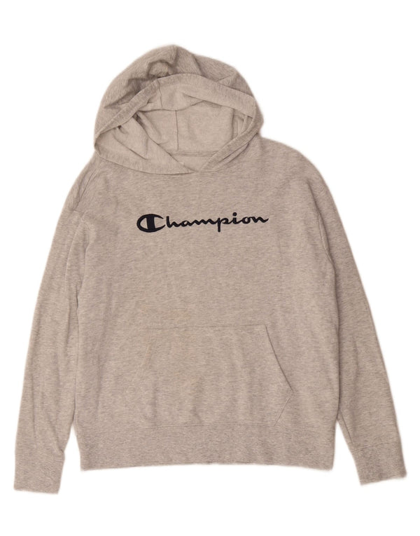 CHAMPION Womens Graphic Hoodie Jumper UK 14 Medium Grey Flecked Cotton