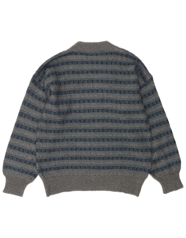 Vintage Mens Crew Neck Jumper Sweater Large Blue Striped Acrylic
