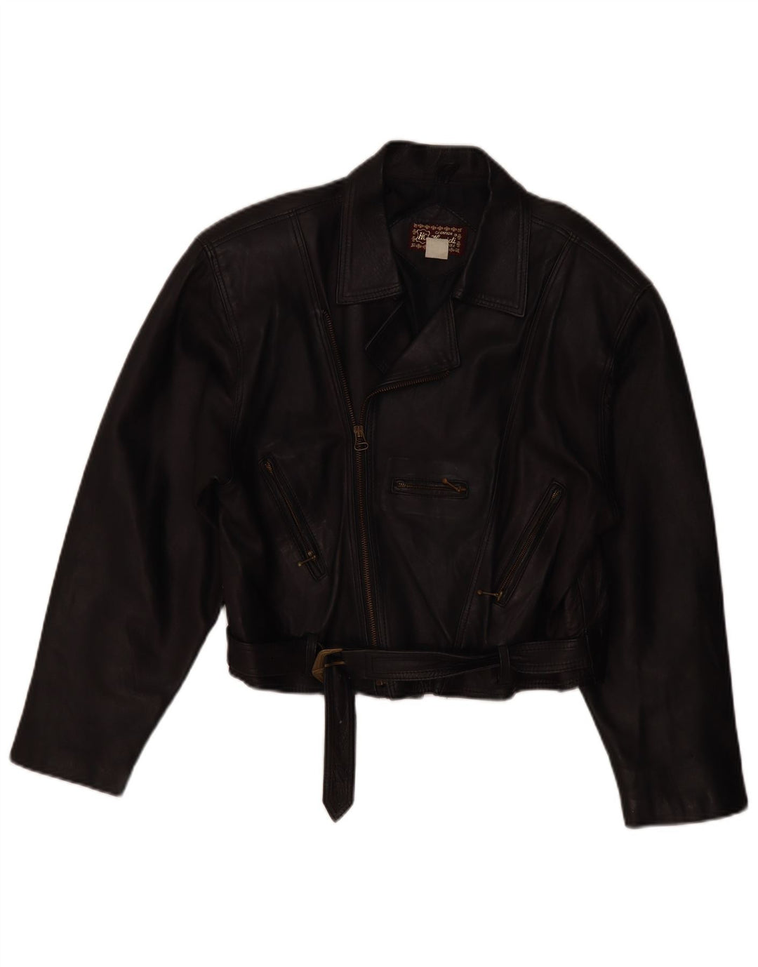 VINTAGE Veste motard en cuir femme UK 14 Cuir noir moyen