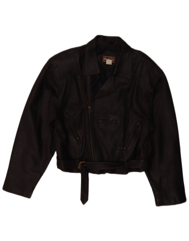 VINTAGE Veste motard en cuir femme UK 14 Cuir noir moyen