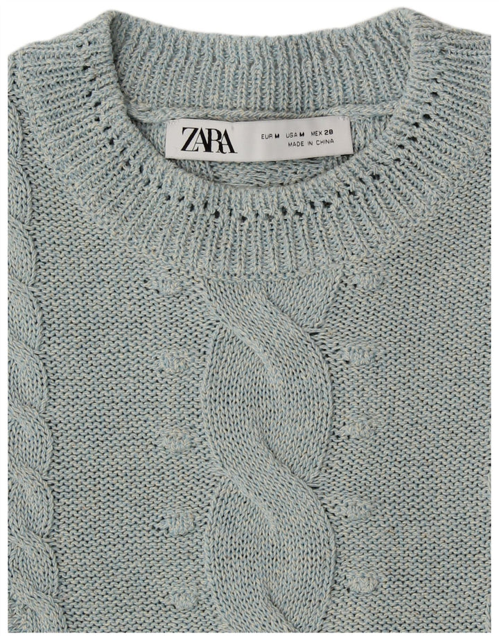 ZARA Pull court à col rond pour femme UK 14 Bleu moyen