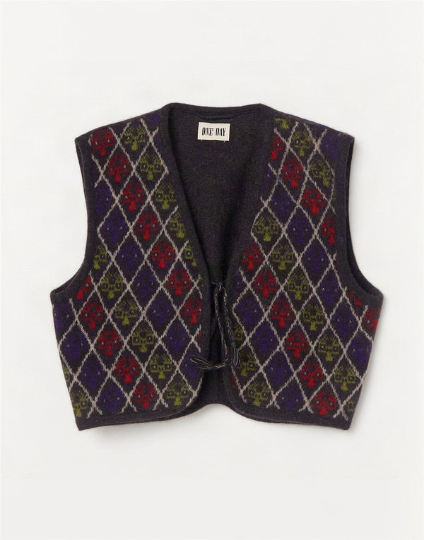 vintage Mens Crop Knit Gilet UK 14 Grand Argyle/Diamant multicolore