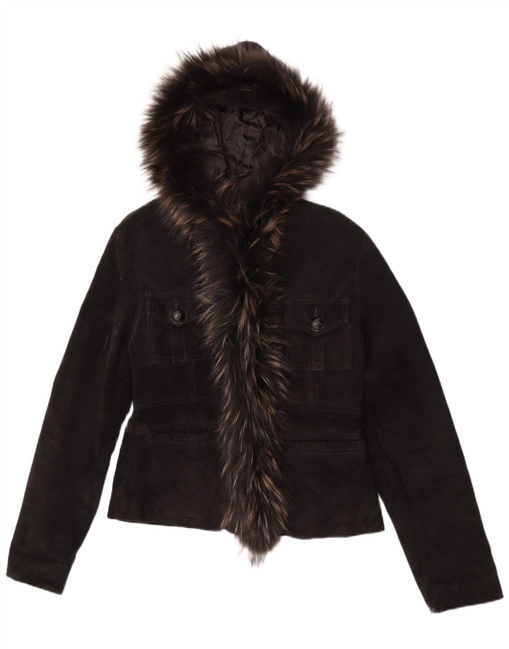 veste en daim à capuche femme vintage UK 14 Grand cuir noir