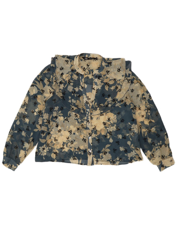 Zara Womens See Through Shirt Blouse UK 10 Petit Bleu Floral Polyester