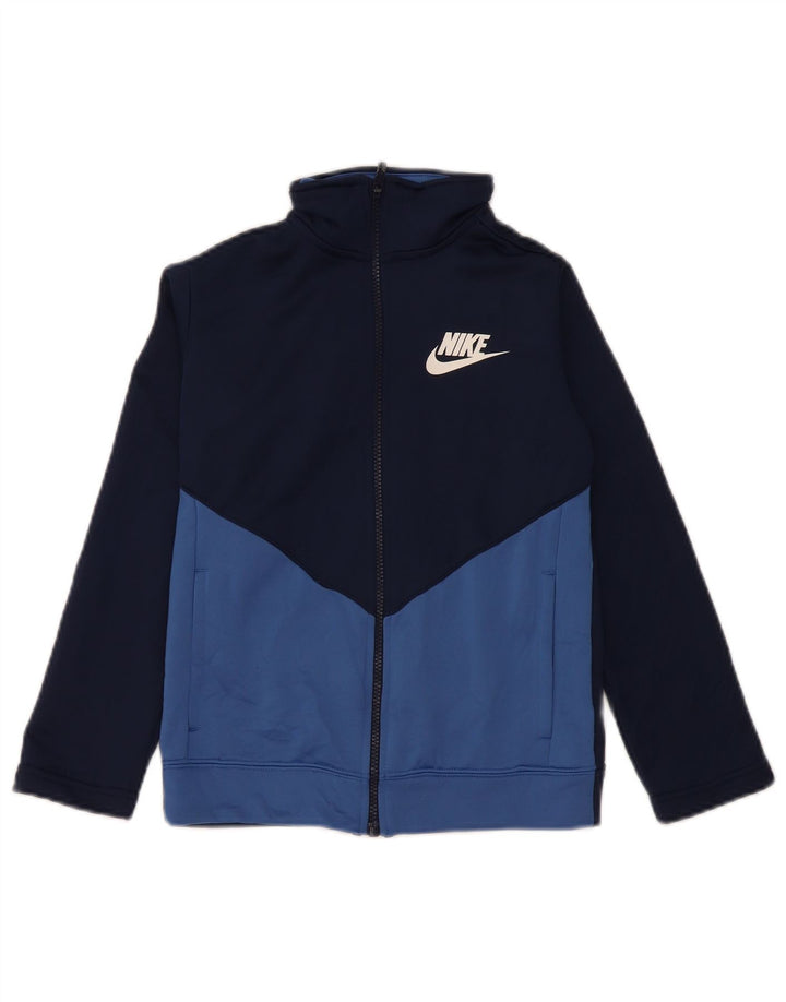 NIKE Boys Tracksuit Top Jacket 8-9 Years Small Navy Blue Colourblock