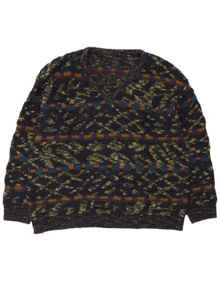 vintage Mens V-Col Jumper Sweater XL Multicolore Géométrique Laine