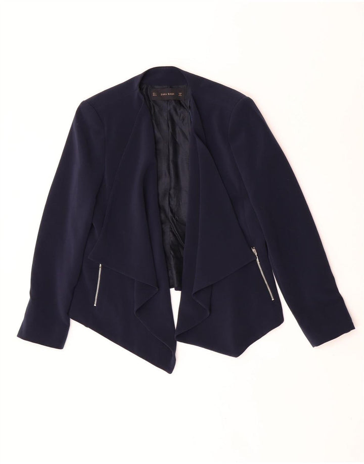 Zara Veste Blazer Ouverte Femme UK 14 Large Bleu Marine Polyester