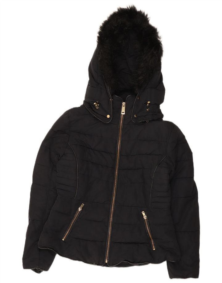Zara Veste matelassée à capuche courte pour femme UK 16 Large Noir Polyester