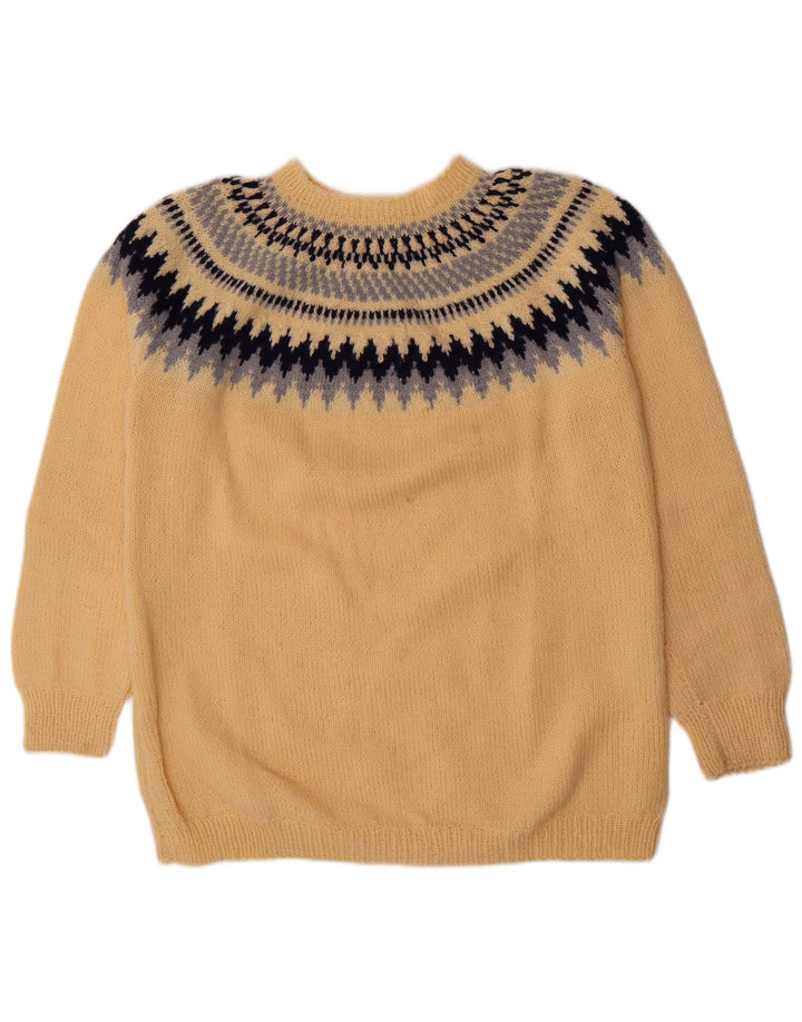 vintage Mens Crew Neck Jumper Pull Moyen Jaune Fair Isle