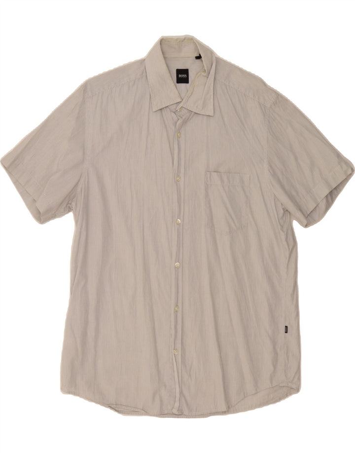 HUGO BOSS Mens Short Sleeve Shirt Large Grey Striped Cotton Vintage Hugo Boss and Second-Hand Hugo Boss from Messina Hembry 