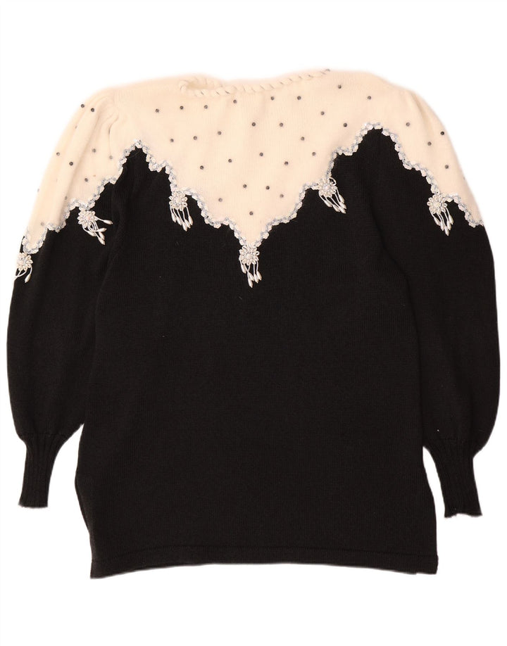 VINTAGE Pull col bateau femme UK 14 Medium Black Colourblock