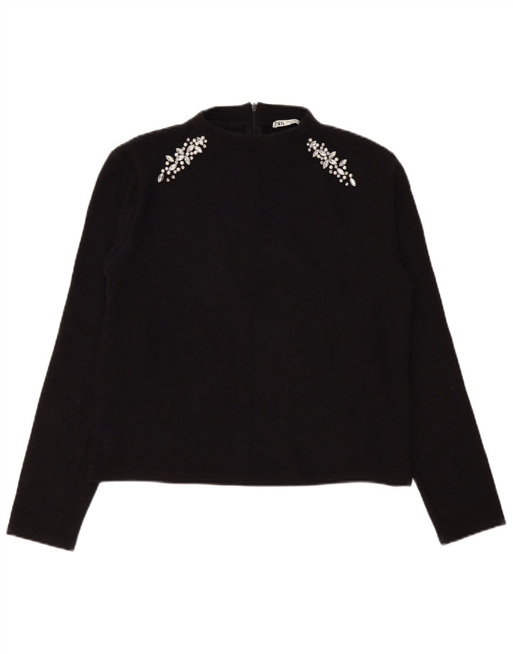 Zara Femme Top Manches Longues UK 14 Moyen Noir
