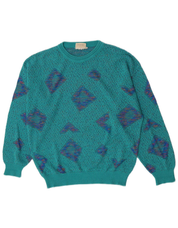 vintage Femme Crew Neck Jumper Pull IT 50 XL Turquoise Géométrique