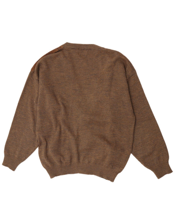 vintage Mens Daim Cardigan Pull Grande Laine Géométrique Marron