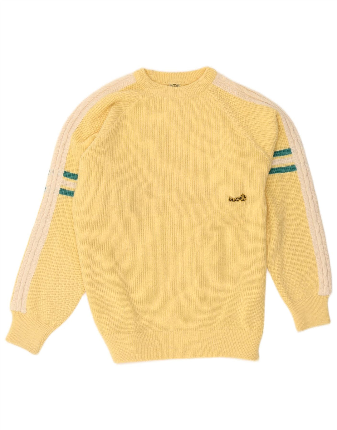 vintage Mens Crew Neck Jumper Pull Grand Jaune Colorblock