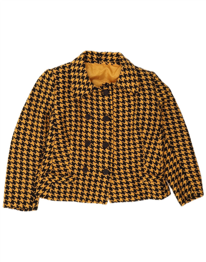 VINTAGE Womens Crop Blazer Jacket UK 12 Medium Yellow Houndstooth