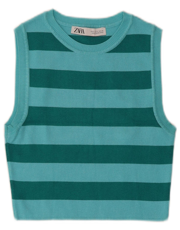 Zara Femme Crop Vest Débardeur UK 12 Bleu Moyen Rayé Viscose