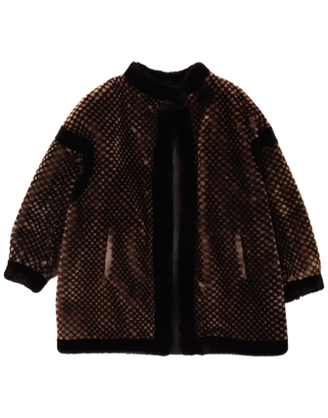 VINTAGE Femme Fausse Fourrure Pardessus EU 40 Moyen Brun Géométrique