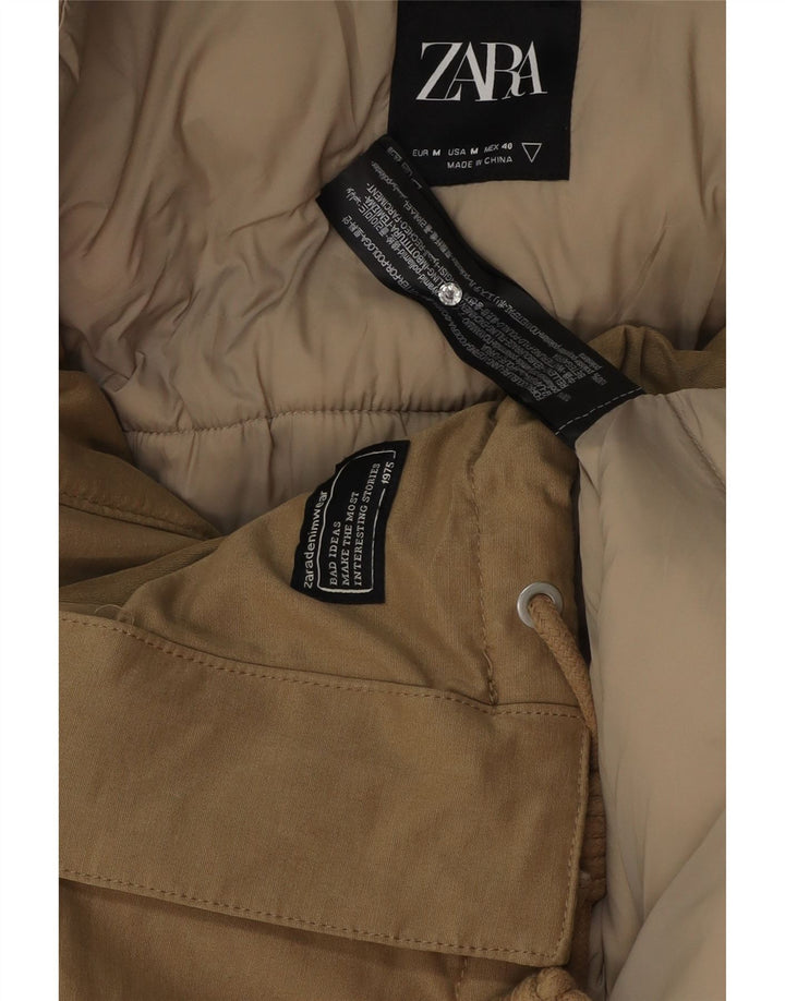 Zara Veste matelassée à capuche pour homme, coupe ample, UK 38, beige moyen, polyester